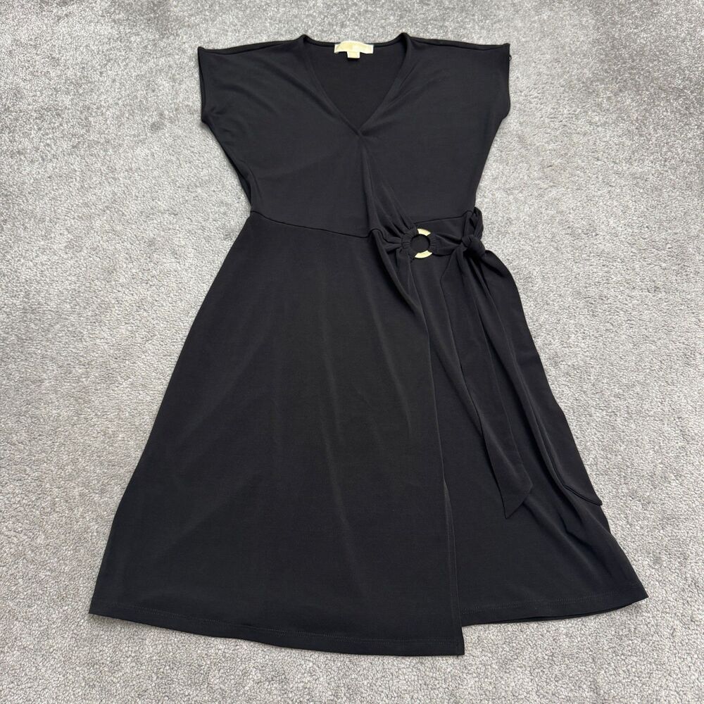 Michael Kors Wrapped Dress Womens XS Black V-Neck 0-Ring Belt Casual Stretch